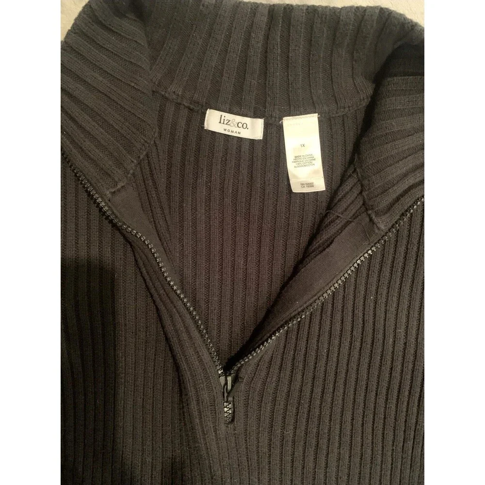 Liz & Co Woman  1X Black 1/4‎ Zip Pullover Ne Neck Sweater Large Heritage